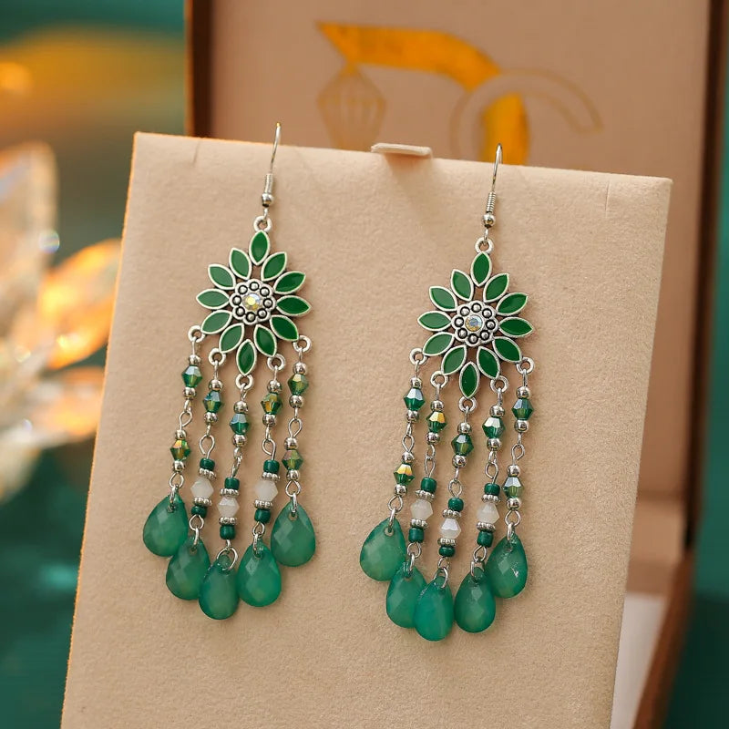 Neue Mode Böhmischen Vintage Blume Tropfen Baumeln Ohrringe Für Frauen Emaille Kristall Geometrische Schmuck Perlen Handgemachte Quaste Ohrringe