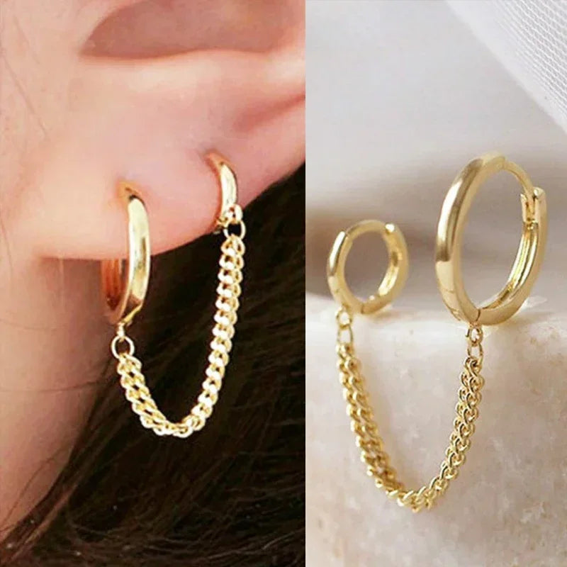 Punk Coole Zwei Loch Piercing Ohrringe Gold Silber Farbe Lange Quaste Kette Tropfen Ohrringe für Frauen Mode Schmuck Geschenke Koreanische