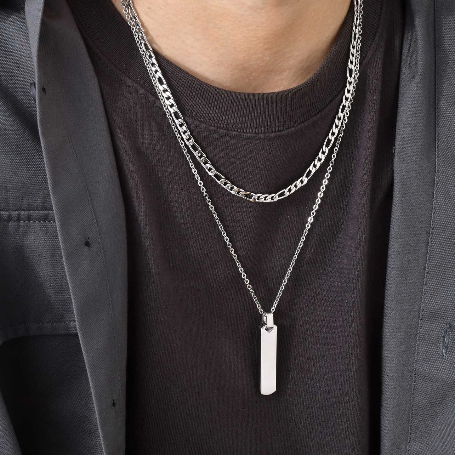 Gestapelte Halsketten mit vertikaler Stange für Männer und Jungen, kubanische Kette aus Edelstahl, gedrehtes Seil, Kettenhalsband, stilvolle Schmucksets, Geschenke