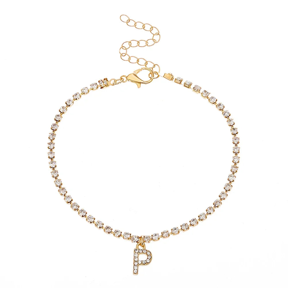 Mode Kreative Initial Buchstaben Alphabet Anhänger Strass Glänzenden Strand Fußkettchen Kette Fuß Schmuck Knöchel Armbänder für Frauen Boho