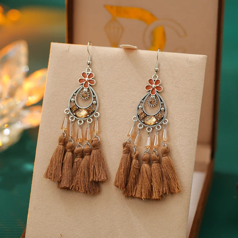 Böhmische Mode Emaille Blume geometrische Quaste lange Ohrringe für Frauen Kristall Strass handgemachte Boho Hochzeits schmuck Geschenk