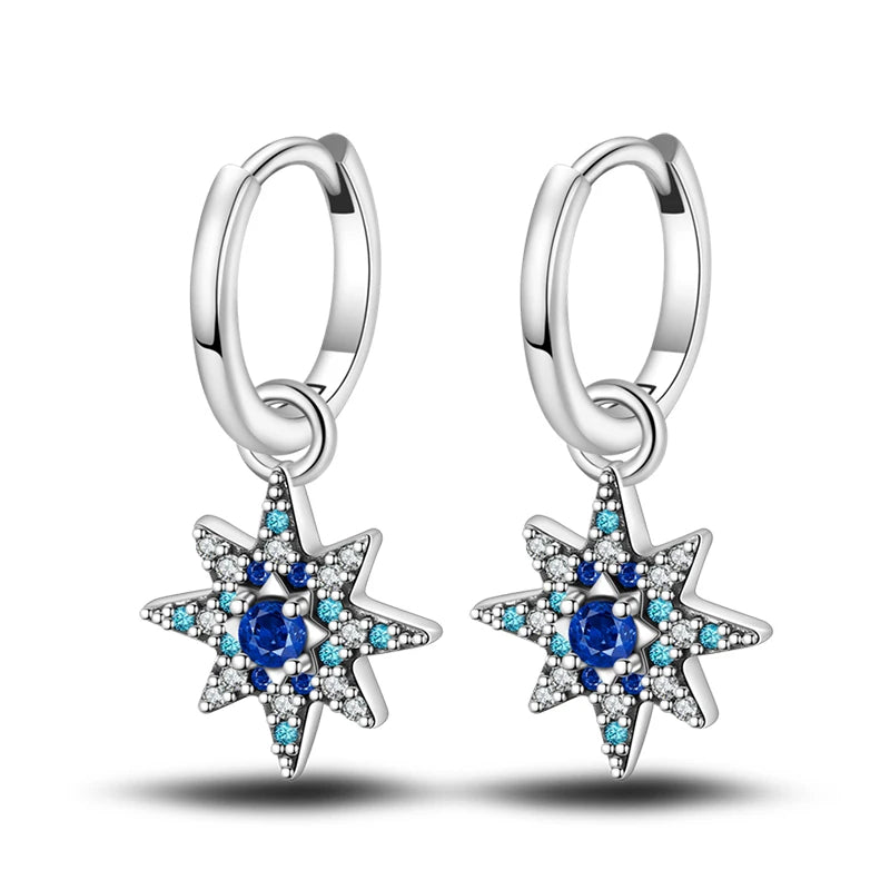 Heißer Verkauf Mode 925 Silber Farbe Ohrringe Blau Zirkon Sterne Mond Unregelmäßigkeit Ohrringe Für Frau Feine Geburtstag Schmuck Geschenke