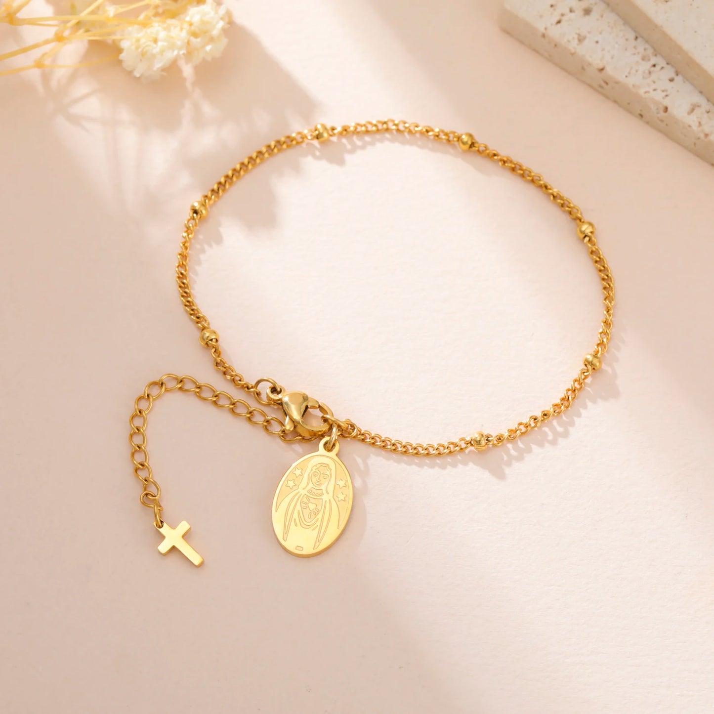 Edelstahl Perlen Kreuz Jungfrau Maria Anhänger Armband Modeschmuck Armband Geschenk für Frau