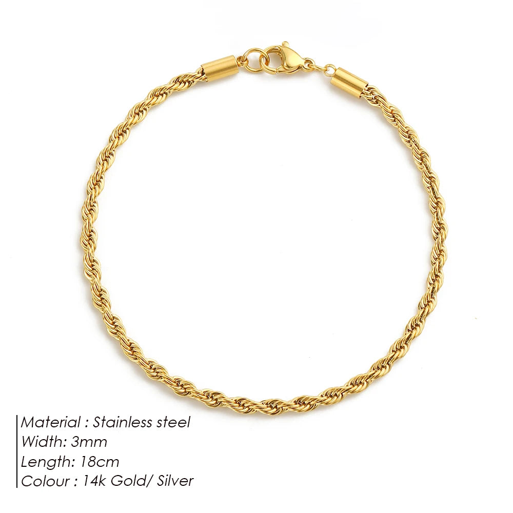 Emanco Edelstahl Twisted Rope Link Chain uneinstellbare Damen Hip Hop Punk 4mm Armbänder