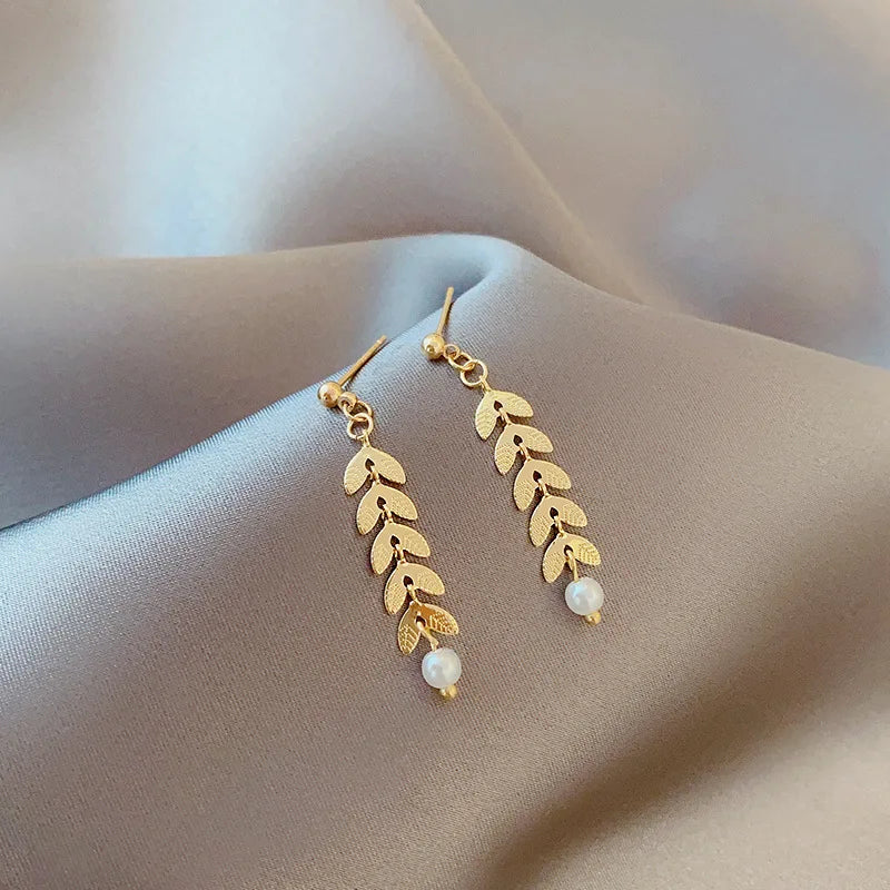 JWER Einfache Weizen Ohr Perle Armband Halskette Ohrringe Schmuck-Set für Frauen Temperament Glück Gold Farbe Armband Charme Schmuck