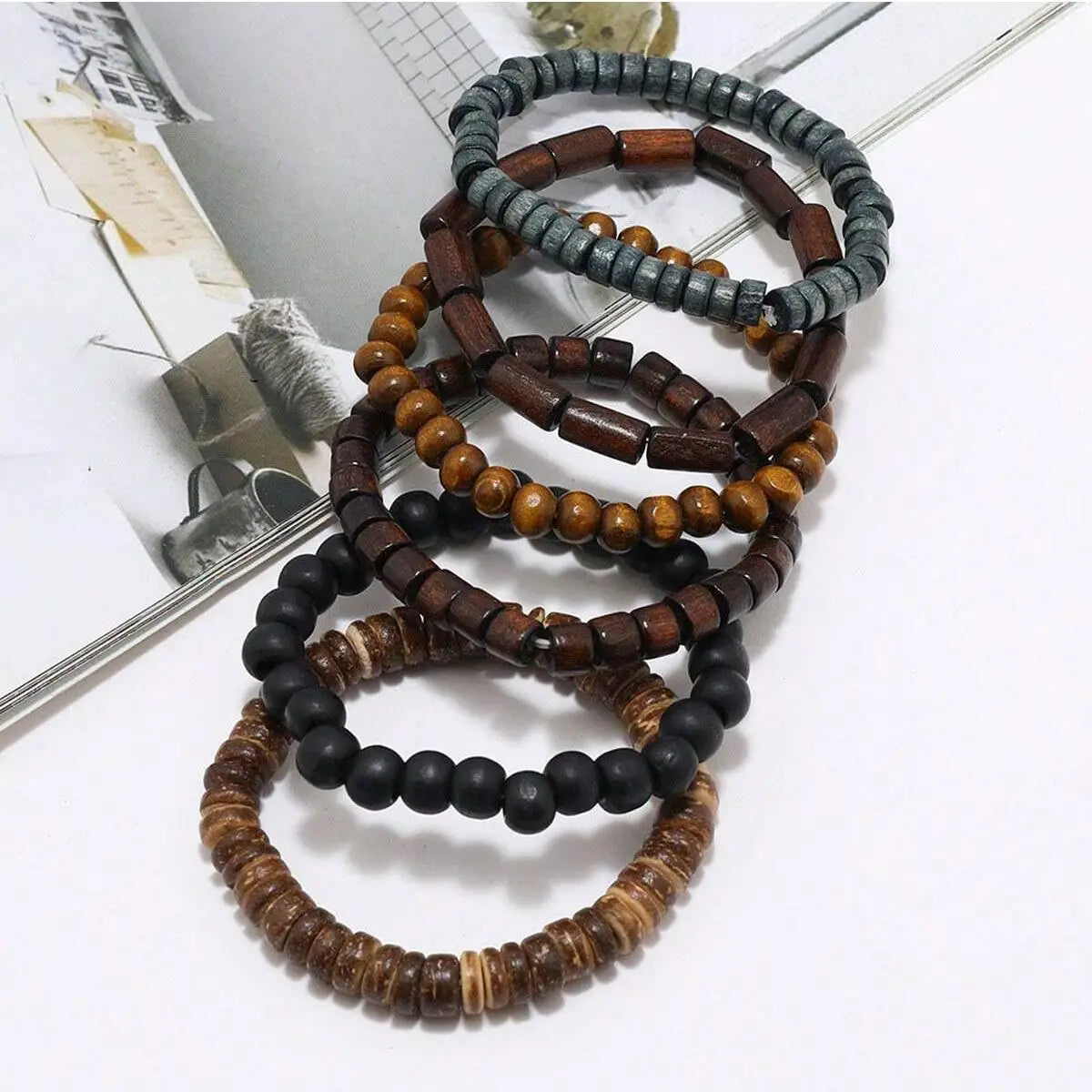 6PCS Wodeen Geflochtenes Wrap Lederarmband für Männer Vintage Leben Holzperlen Mode Männliche Armband