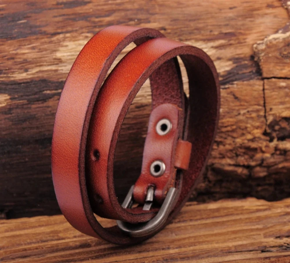 G522 Hellbraunes Punk-Biker-Armband aus Leder mit cooler Metallschnalle und doppelter Wickelarmband für Herren