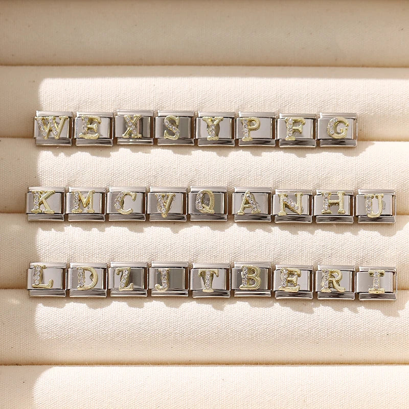 Neues modisches italienisches Armband mit 26 englischen Buchstaben, Edelstahl-Armreif, goldfarben, eingelegter Zirkonia, DIY-Herstellung von Schmuck, Geschenken
