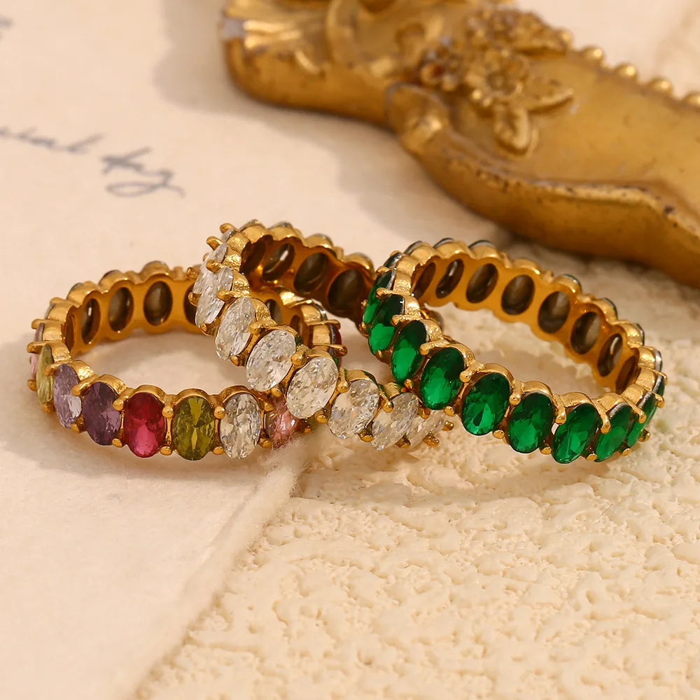 1Pc Trendy Edelstahl 18K Gold Überzogene Oval Zirkonia Ringe Bunte Zirkon Frauen Ring Urlaub Partei Schmuck Mama geschenke
