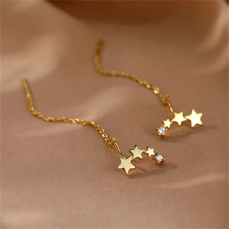 Trend Edelstahl Lange Draht Quaste Gewinde Kette Stern Anhänger Tropfen Ohrring frauen Ohr Linie Gerade Hängen Ohrringe Schmuck