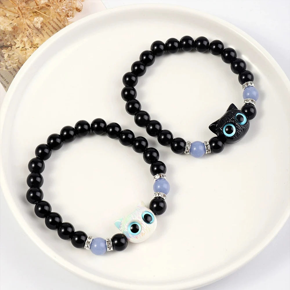 1 STÜCK Passende Armbänder Paare Frauen Männer Leuchtende süße Katze Freundschaftsarmband Schwarz Weiß Katzenkopf Perlenstrang Armband