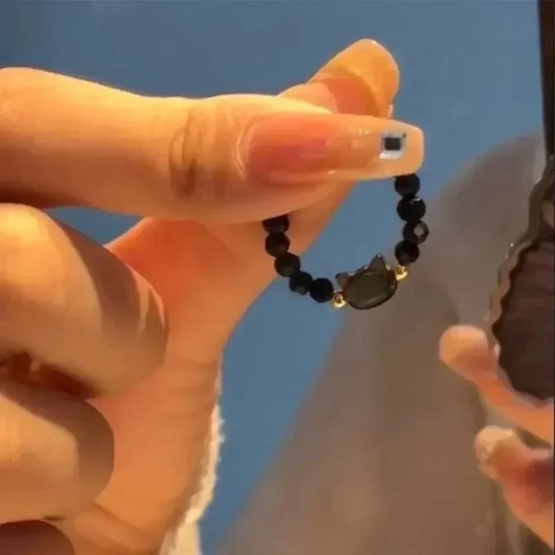 2 stücke Natürliche Mondstein Obsidian Ringe Perlen Minimalistischen Ring Nette Schwarz Weiß Katze Ring Frauen Männer Party Zubehör Schmuck
