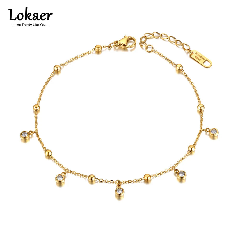 Lokaer Goth Runde Kugel Charm Fußkettchen Für Frauen Mädchen 18K Gold Überzogene Edelstahl CZ Kristall Fuß Schmuck A21025