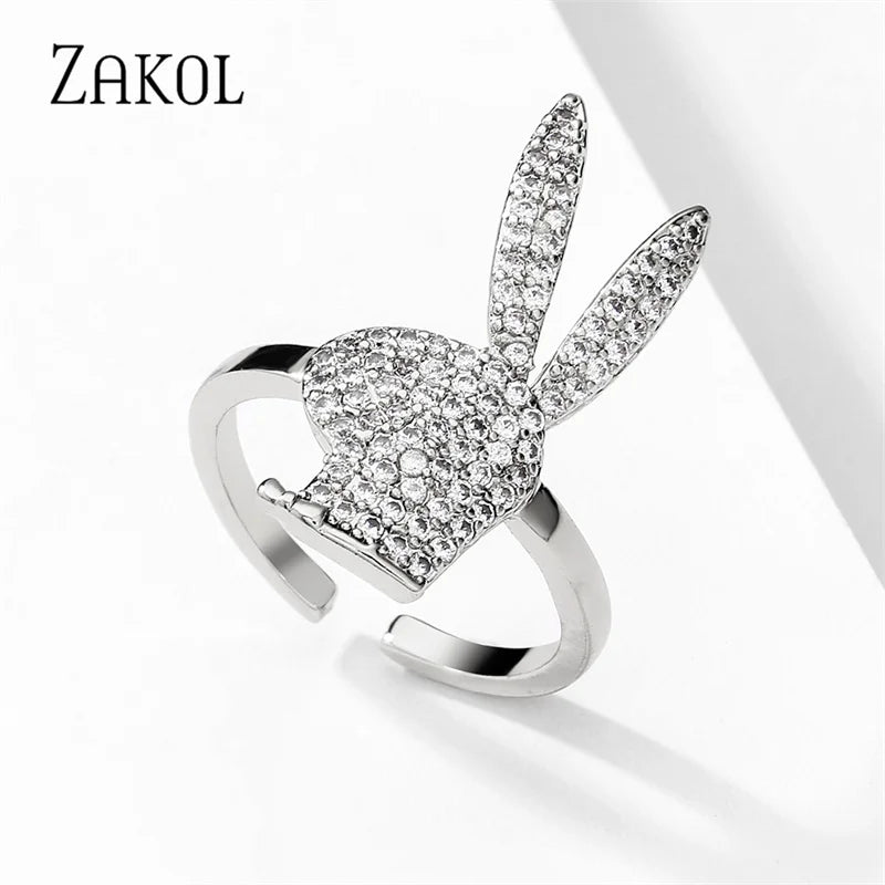 ZAKOL Niedliche Kaninchen-offene Ringe für Damen, modisch, Weißgold, Party-Schmuck, 2023, Neu