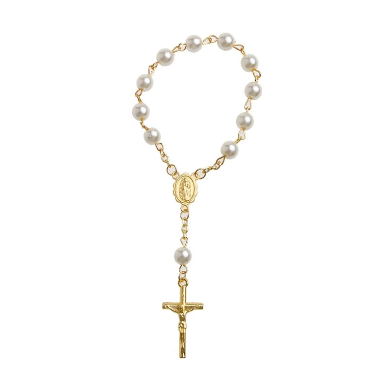 Tauf-Mini-Rosenkranz, elfenbeinfarbene Kunstperlen für Kreuz-Armband, für Taufe/Babyparty, Hochzeit/Urlaub
