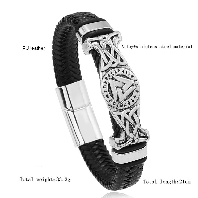 Vintage Wikinger gewebtes Lederarmband nordischer keltischer Knoten Valknut Symbol magnetischer Armreif für Herrenschmuck