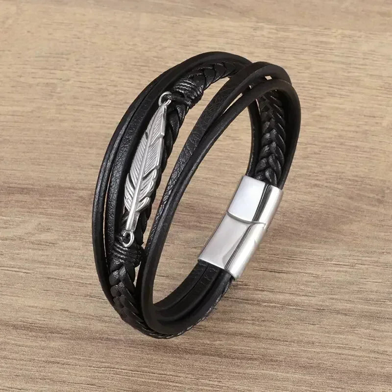 Klassisches einlagiges schwarzes handgewebtes Lederarmband mit Metall-Magnetverschluss, Herrenmode, Business-Schmuck, Geschenk