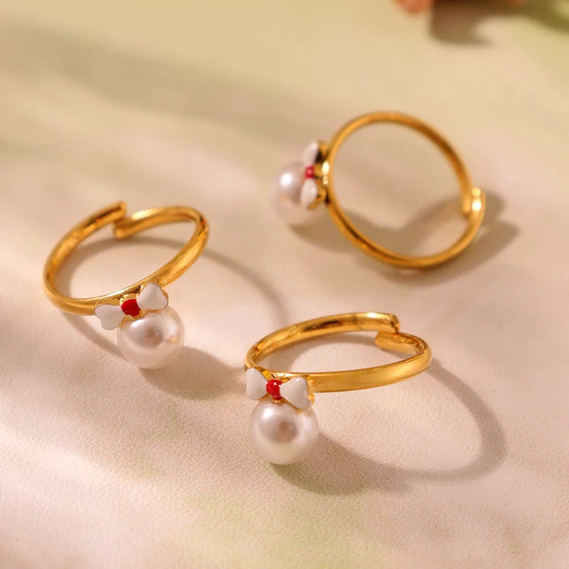 Liora Mode Emaille Bowknot Anhänger Simulierte Perle Halskette Armband Ring Ohrringe Für Mädchen Edelstahl Charme Schmuck Set