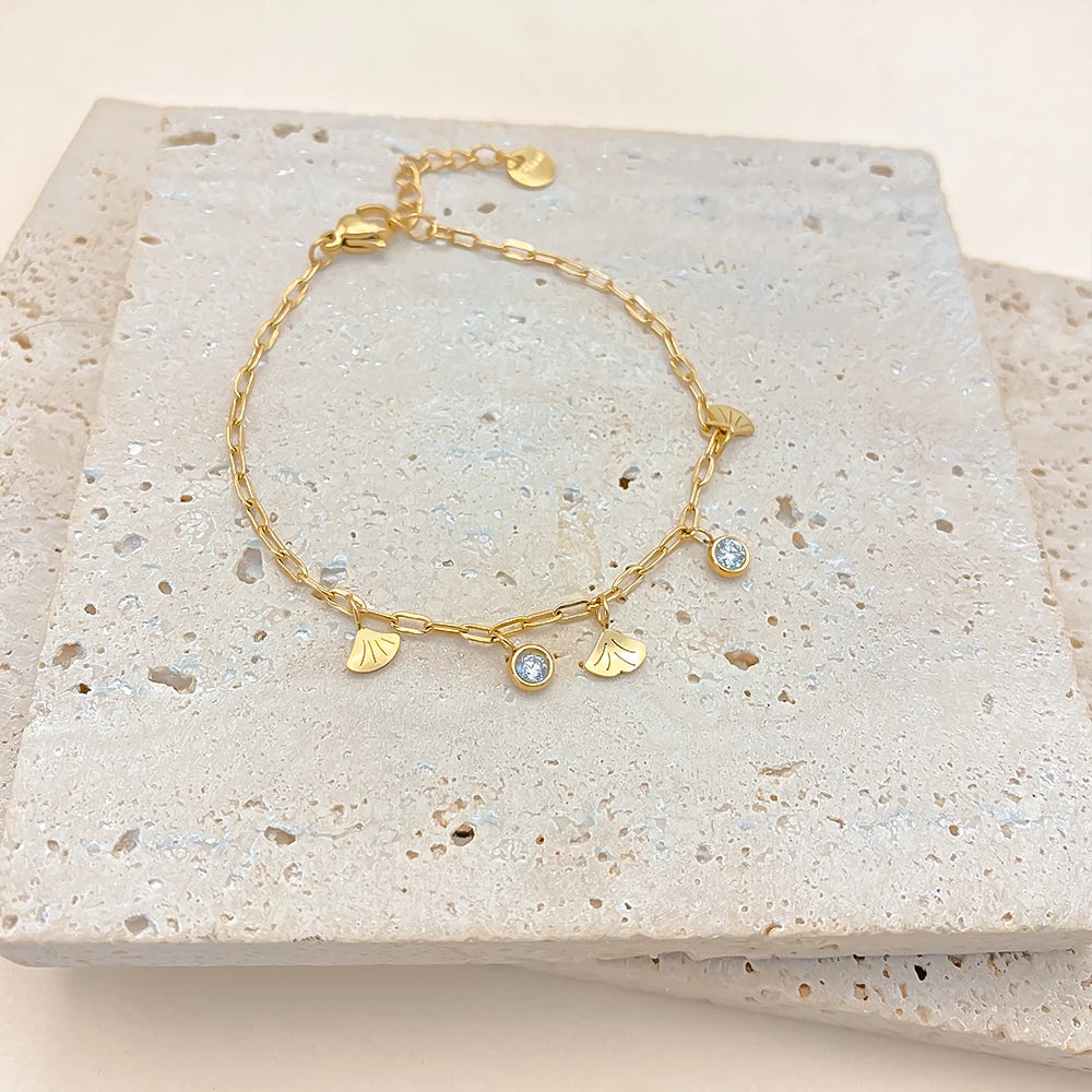 eManco Fashion Ginkgo Biloba Damen-Anhänger-Armband, 14 Karat vergoldeter Edelstahl, täglicher Schmuck, wasserdicht