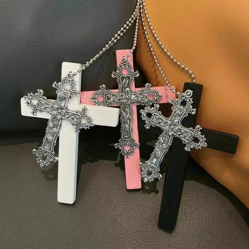 Y2K Holz Kreuz Schwarz Bohrer Anhänger Halskette für Frauen Männer Mode Vintage Coole Würzige Mädchen Hip Hop Halskette Party Schmuck Geschenke