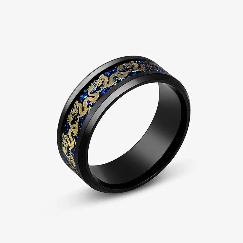 8mm Edelstahl Dominierenden Drachen Muster Ringe für Männer Frauen Punk Intarsien Blau Carbon Faser Ring bagues pour femme