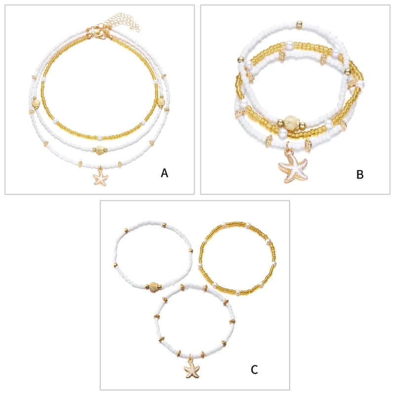 Elastische Meeresschalenperlen Schmuck -Nackenarmband Spuklet Set xx9c
