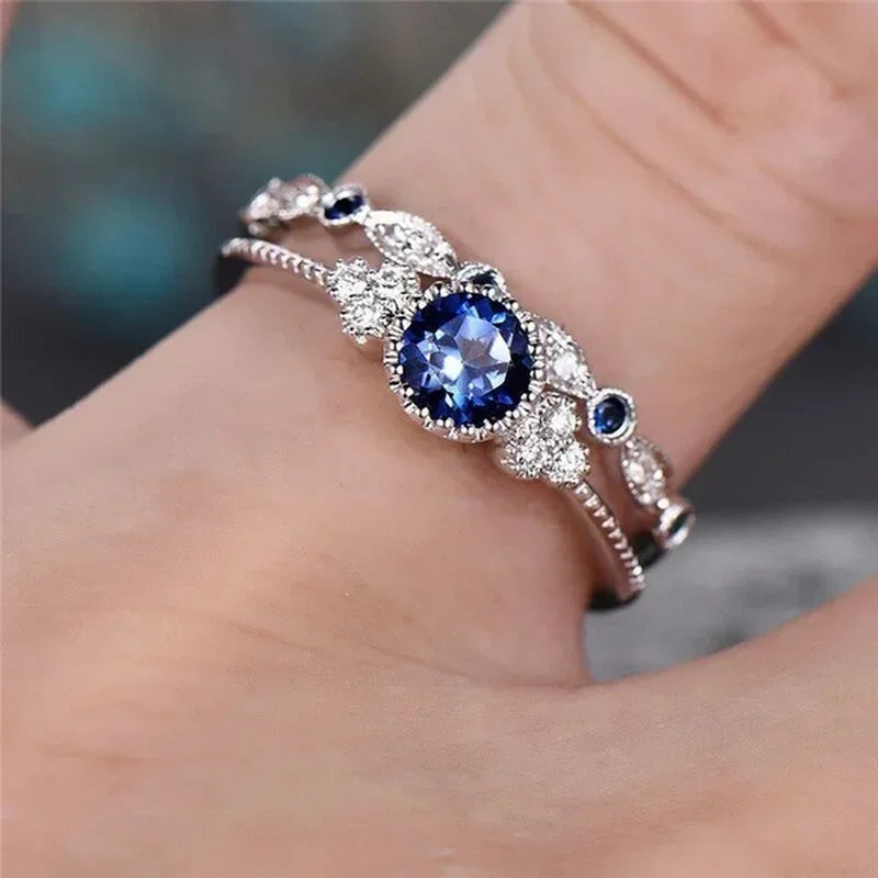 2 Teile/satz Luxus Grün Blau Stein Kristall Ringe Für Frauen Silber Farbe Hochzeit Verlobung Ringe Schmuck