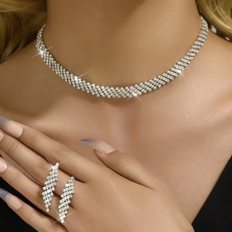 LENNIK Super funkelndes exquisites Kristall-Halsketten-Ohrring-Set, Brautaccessoires, Hochzeitsaccessoires, Bankett-Ohrringe