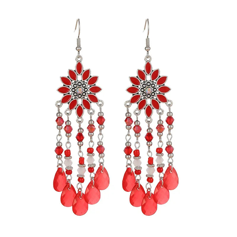 Neue Mode Böhmischen Vintage Blume Tropfen Baumeln Ohrringe Für Frauen Emaille Kristall Geometrische Schmuck Perlen Handgemachte Quaste Ohrringe