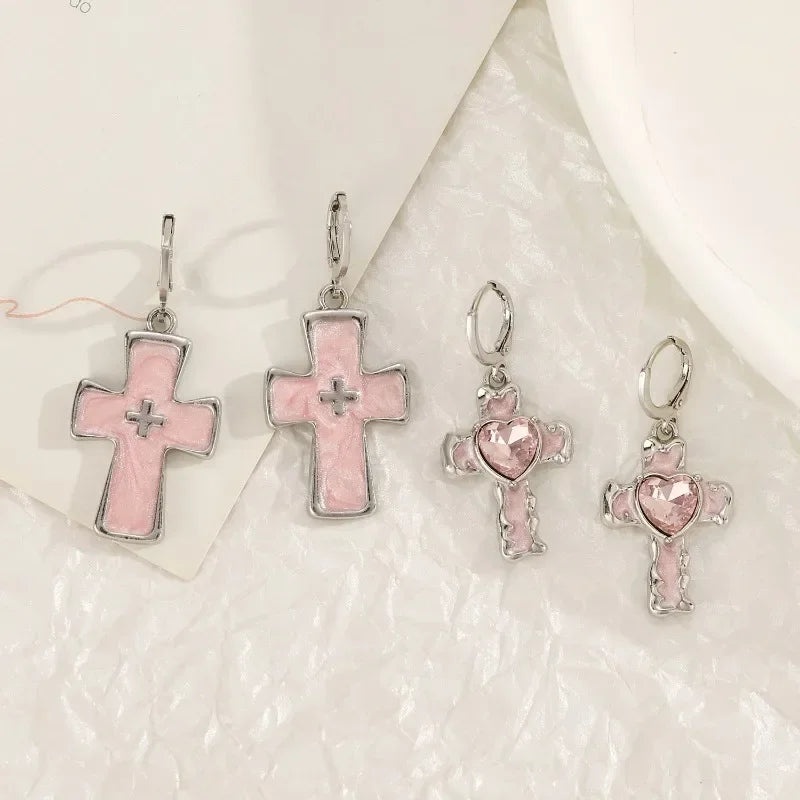 Neue Gothic Nette Harajuku Y2K Rosa Große Kreuz Anhänger Ohrringe Für Frauen Charme 2000er Jahre EMO Ästhetische Party Zubehör schmuck