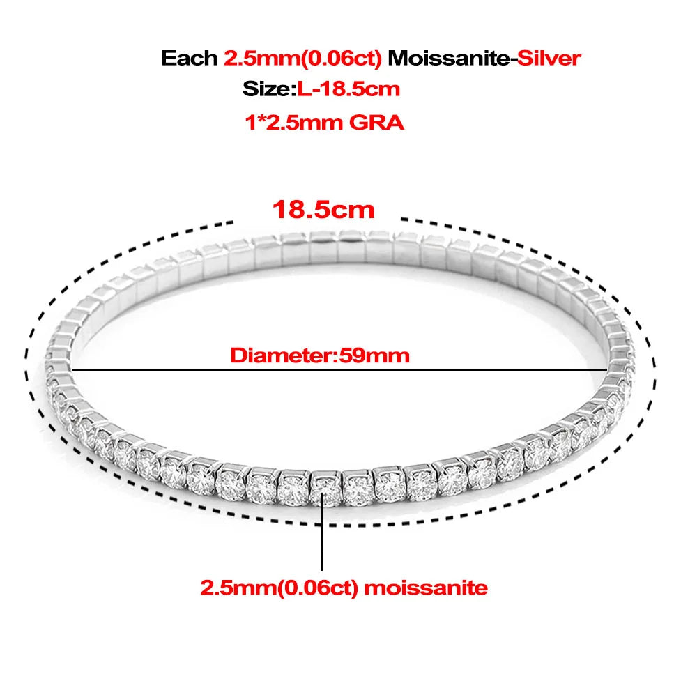 2,5/3 mm voller Moissanit-Tennisarmbänder für Damen und Herren, 925er Sterlingsilber, 18 Karat vergoldet, minimalistischer elastischer Armreif mit GRA