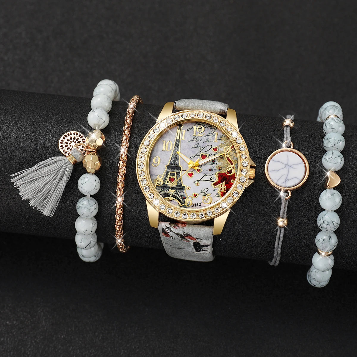 3/4/5PCS Mode Strass frauen Uhr Blumen Gedruckt Leder Band Weibliche Quarz Uhren Armbänder Set (ohne Box)