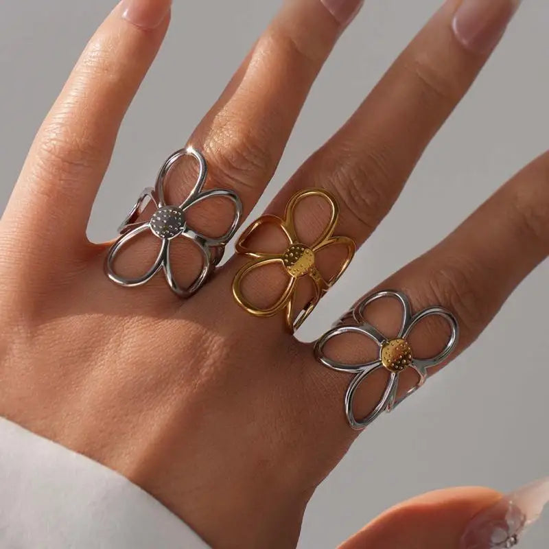 Hohle Gänseblümchen-Blumenringe aus Edelstahl für Damen, schlicht, goldfarben, silberfarben, offener Ring, antiallergisch, rostfrei, stilvoller Schmuck