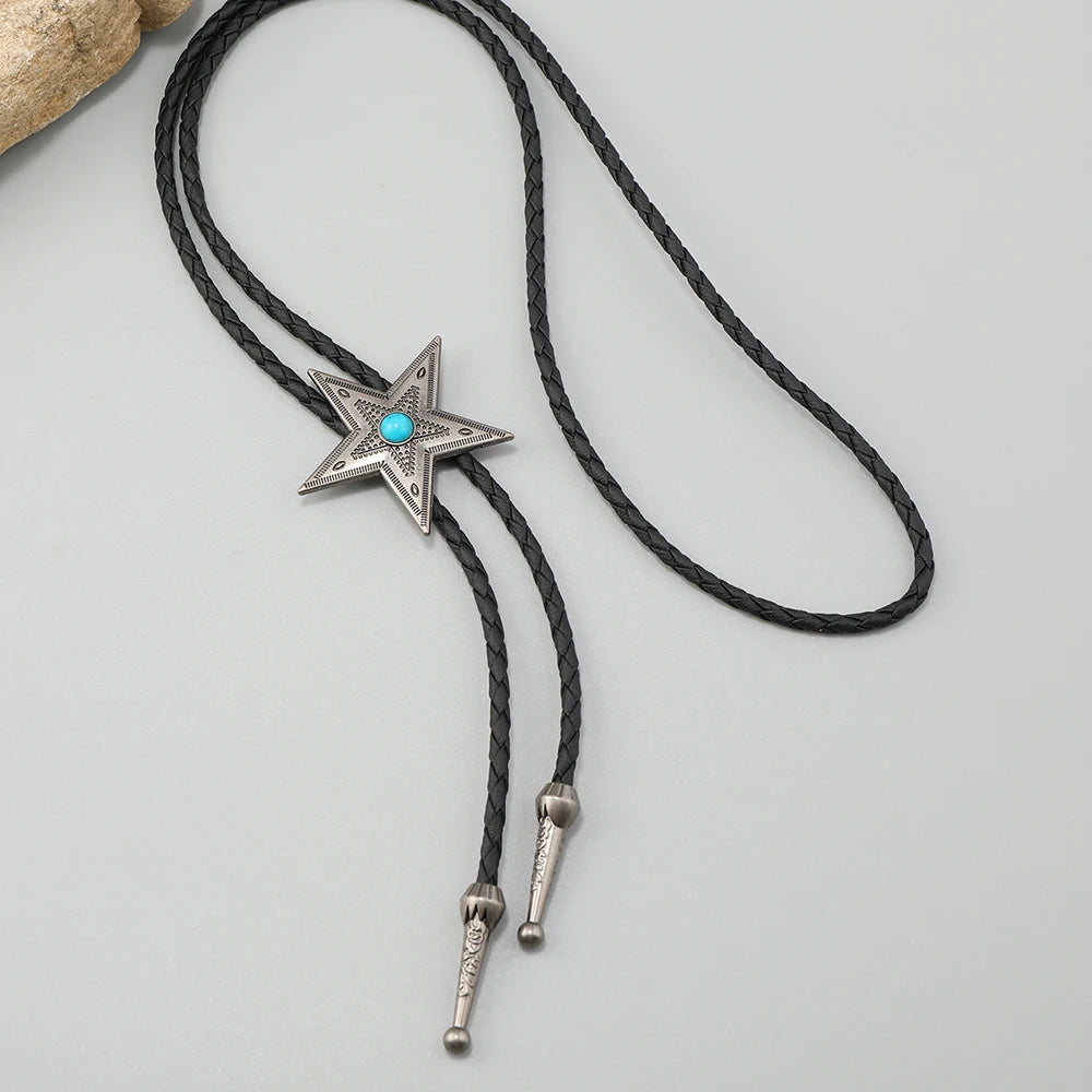 Vintage Lederkette Bolo-Krawatte für Herren, Western-Cowboy-Krawatte, Bolo-Krawatte für Hemd, modische Stern-lange Halskette