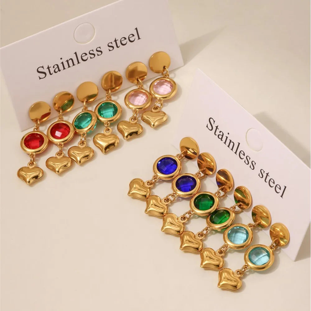 Edelstahl-Halskette, Armbänder, Ohrringe für Frauen, 6 Farben, Herz, facettierte tschechische Glas-Halsketten, Armband, baumelnde Ohrringe-Set