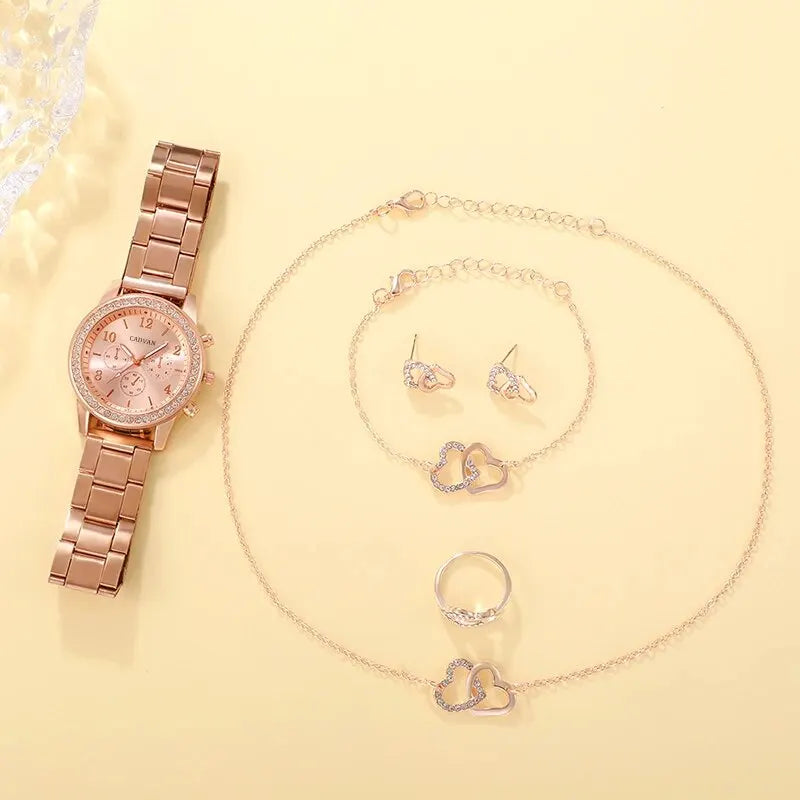 6 Stück Set Roségold Luxus uhr Damen Ring Halskette Ohrring Strass Mode Armbanduhr lässig Damen Armband Uhren