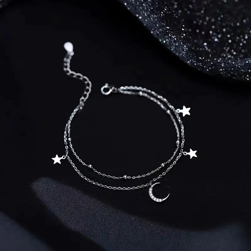 Beliebtes Stern- und Mond-Armband aus 925er-Sterlingsilber, geometrisches Doppelschicht-Armband, Party-Geschenk, modischer Damenschmuck