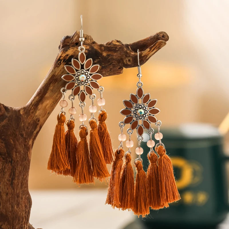 Klassische ethnische Quasten-Ohrringe für Frauen, böhmische Emaille-Blume, Kristall, handgefertigter Ohrring, weiblicher täglicher Urlaubsschmuck