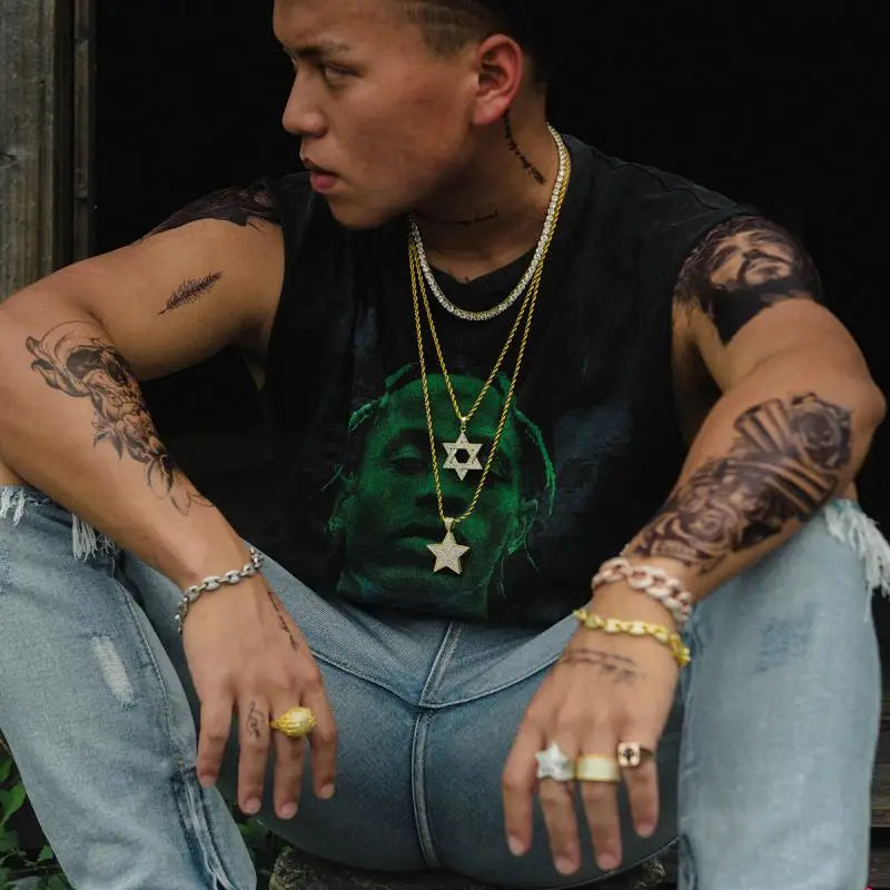 Hip Hop Männer vergoldet Schmuck Micro Pave vereist cz Stein Stern von David Anhänger Hexagramm Israel Judaismus Halsketten