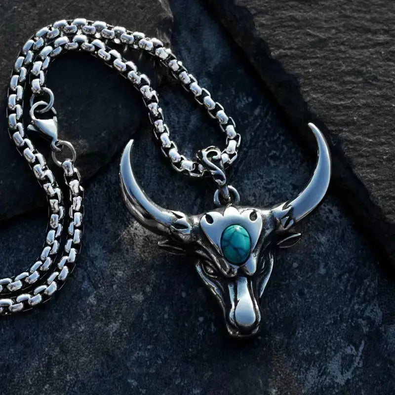 Gothic Green Stone Bull Skull Halskette Anhänger Punk Tier Halskette Herren Stier Sternzeichen Amulett Schmuck Jubiläumsgeschenk