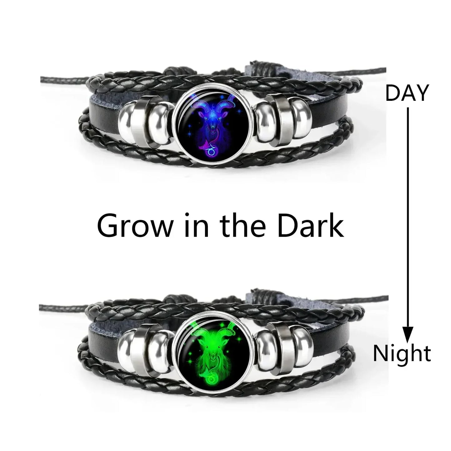 12-Sternbild-Sternzeichen, schwarzes geflochtenes Lederarmband, Krebs, Löwe, Jungfrau, Waage, gewebte Glaskuppel, Schmuck, Punk-Männerarmband