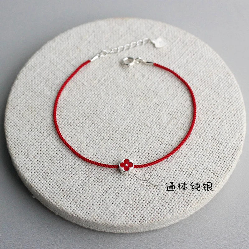 16 + 2 cm rotes Seil Blume Damen Silber Armbänder Silber rote Kleeblatt Perle Mädchen 925 Armbänder 925 Stachellänge kann individuell angepasst werden