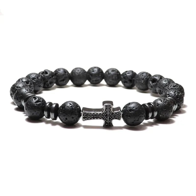 100 % natürliches vulkanisches Lava-Armband, schwarzes Zirkonia-Armband, neues einfaches modisches Kreuzarmband, Hämatit-Geschenk für Freund