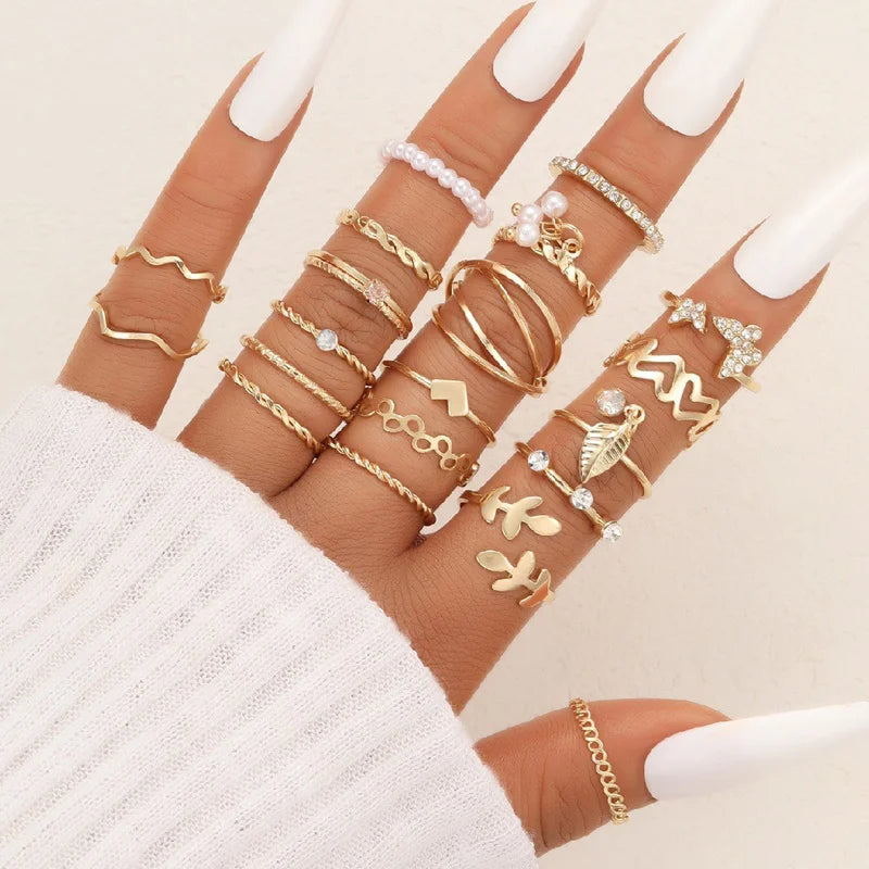 58 Teile/satz Gold Farbe Ringe Set Für Frauen Männer Vintage Hohl Schmetterling Perle Herz Kristall Geometrische Ringe Trendy Finger Schmuck