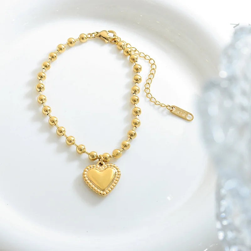 Trendy Herz Anhänger Halskette Armbänder Sets Für Frauen Vergoldet Edelstahl Kugeln Kette Frauen Hochzeit Schmuck Sets