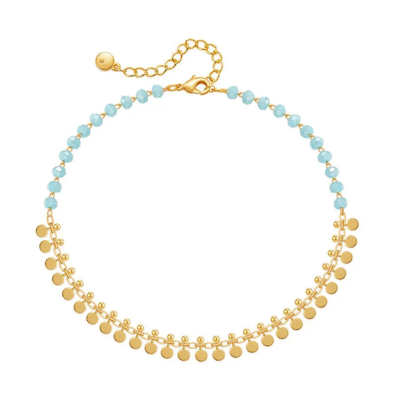 ANENJERY 18K vergoldete Quasten Charm Fußkettchen für Frauen Boho Sommer Armband Blauer Stein Perlen Handgefertigter Schmuck Großhandel