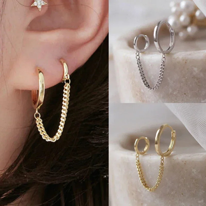 Punk Coole Zwei Loch Piercing Ohrringe Gold Silber Farbe Lange Quaste Kette Tropfen Ohrringe für Frauen Mode Schmuck Geschenke Koreanische