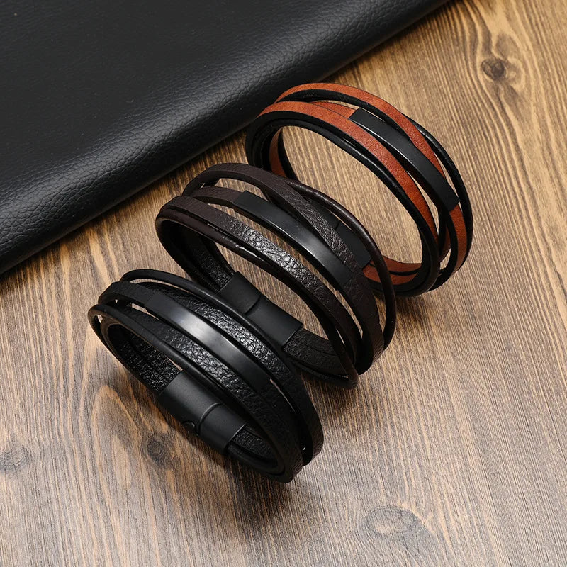 Neue männer Leder Geflochtene Armband Legierung Magnet Schnalle Multilayer Leder Armband Retro Einfache Armband Großhandel