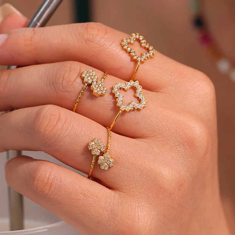 Nivora Zarte Zirkon Blume Dünne Mädchen Offene Ringe Edelstahl 18K Gold Überzogene Eheringe Ringe Für Frauen Schmuck