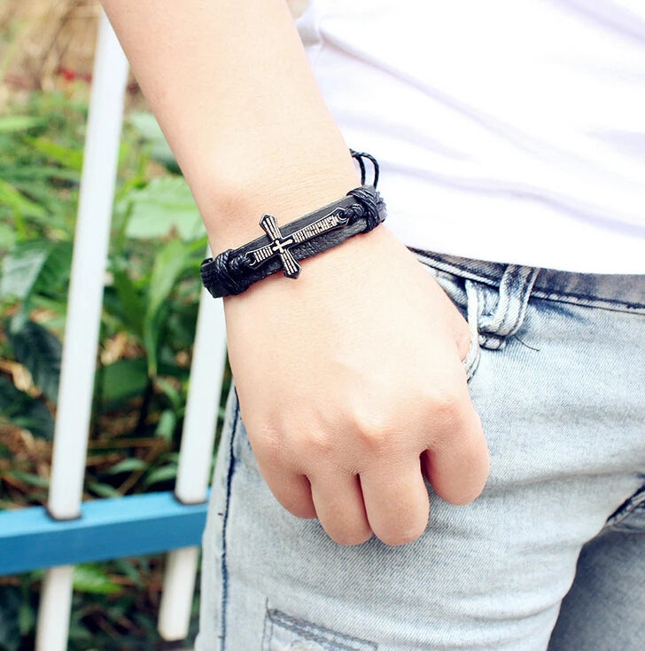 Heißer Verkauf Männer Schmuck Vintage Leder Armbänder & Armreifen Metall Kreuz Jesus Armband Einstellbare Wachs Schnur Braun Schwarz # 18044